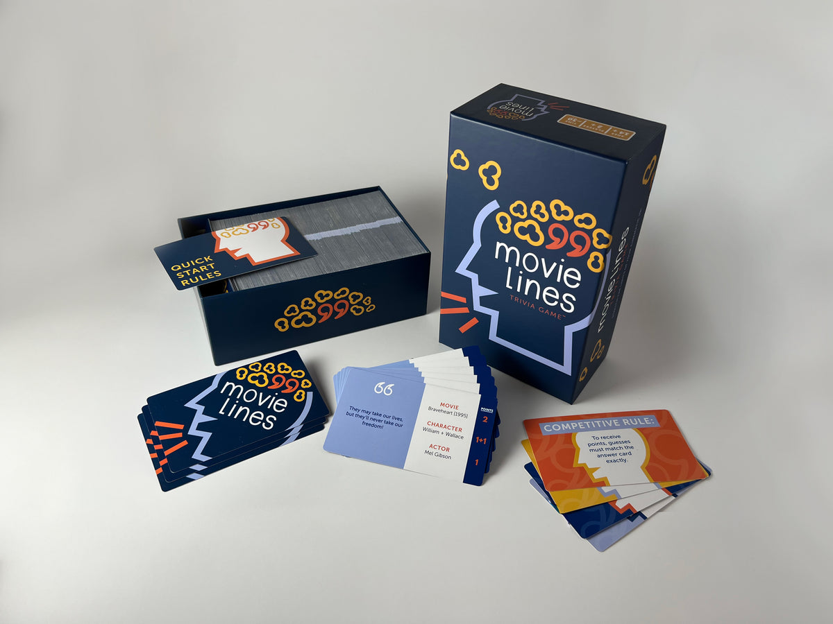 Movie Lines Trivia Game box with a spread of trivia cards.