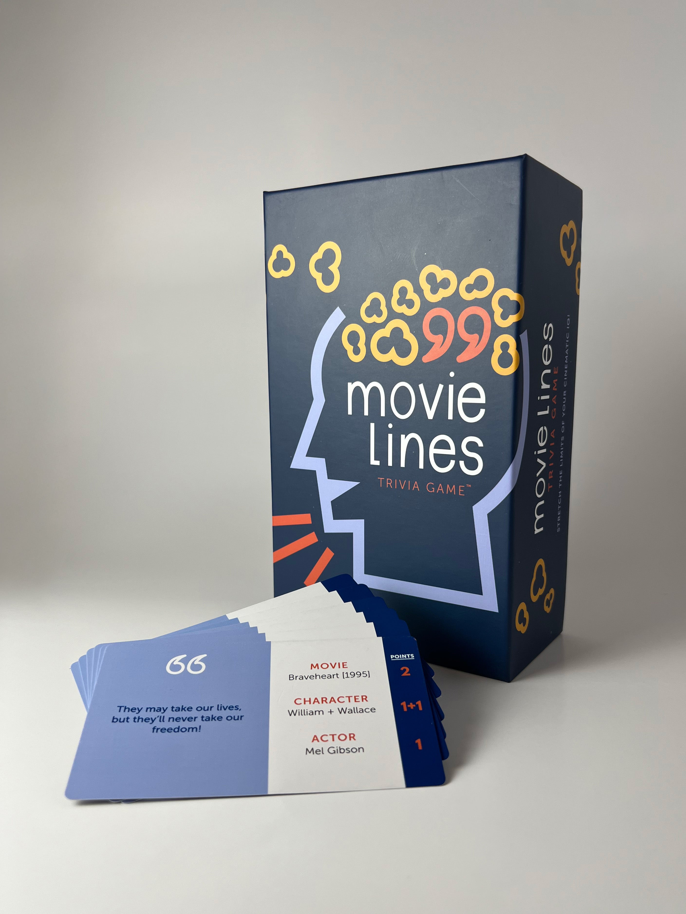 Movie Lines Trivia Game box with a spread of trivia cards.